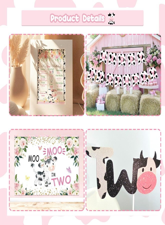 Fiesec Moo Moo Im Two Birthday Decorations Girl, 2nd Birthday Decorations for Girl, Cow Theme Backdrop Balloon Banner Cake Toppers Boxes Cutout Crown Poster for Girls Two Years Old Party Supplies - Image 3